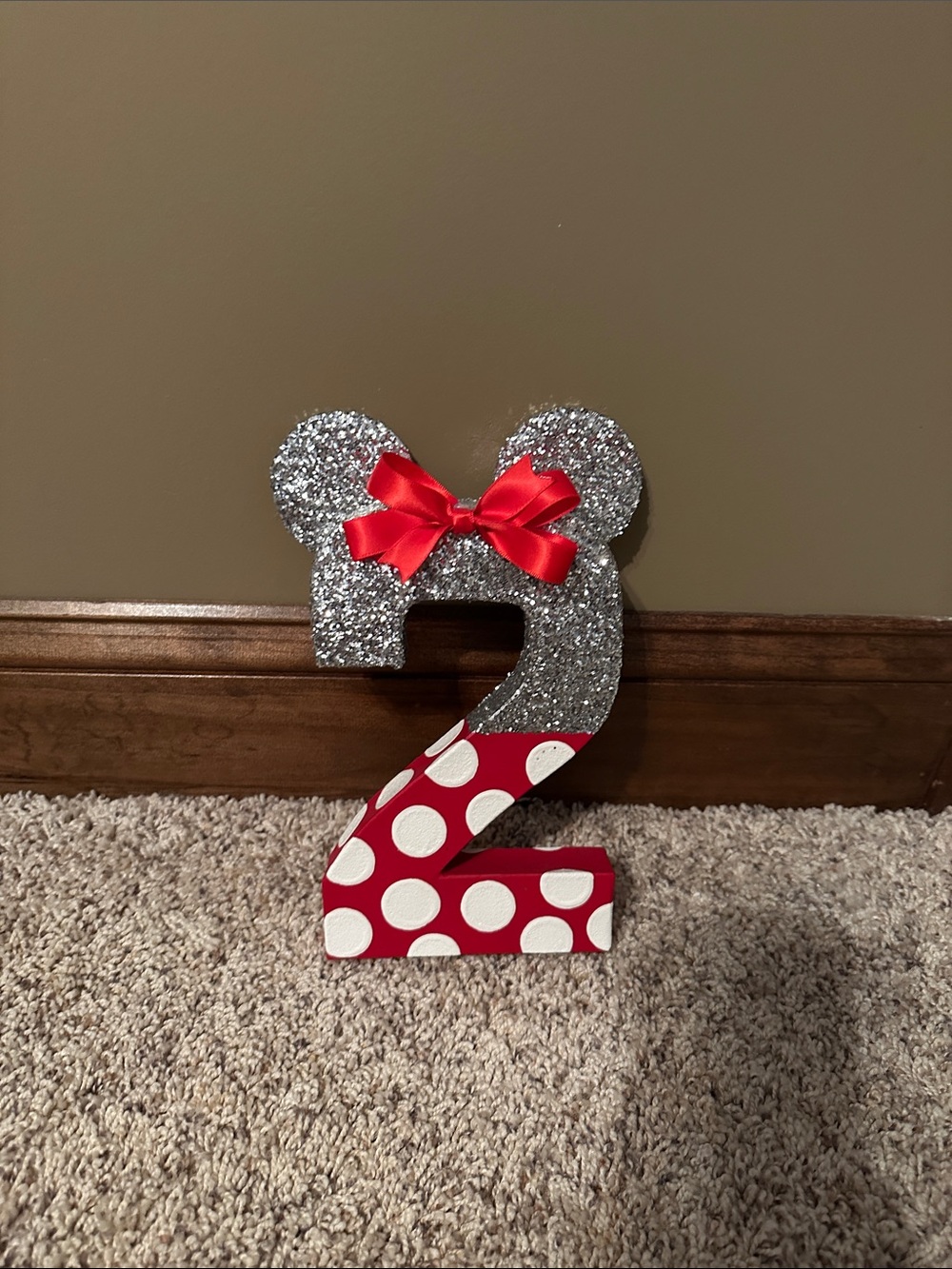 Silver Glitter & Red Polka Dot Number 2 Party Decor with Red Bow